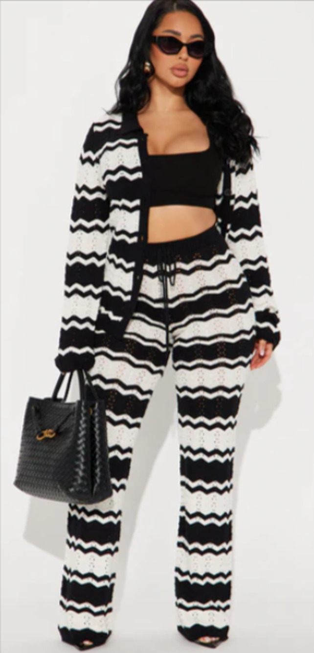 Fashion Nova Black & White Chevron Stripe Knit Cardigan Top & Pant Set L 10-14